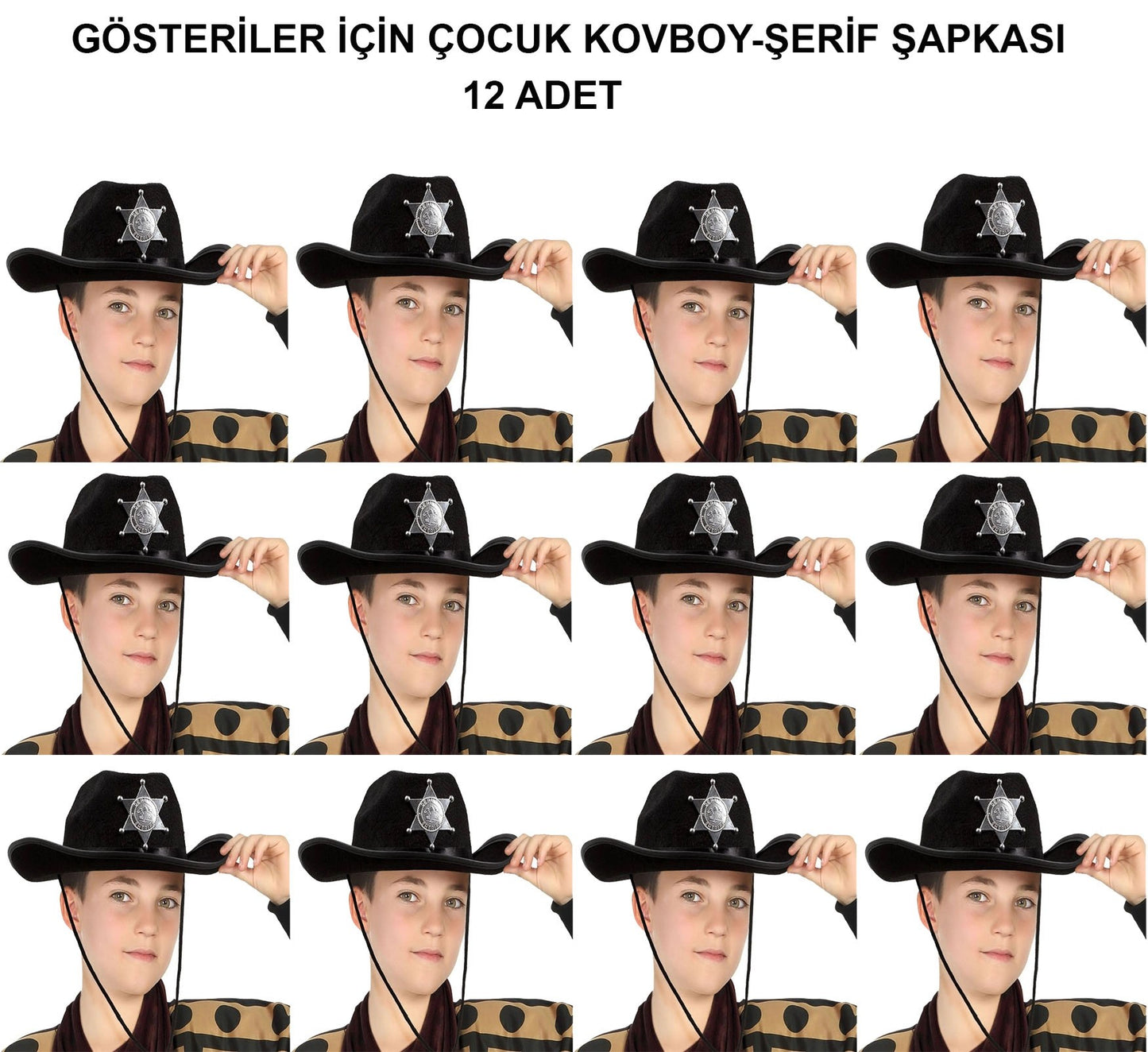 Kovboy Şerif Şapkası Siyah 12 Adet - Kostüm, Parti ve Gösteri Şapkası