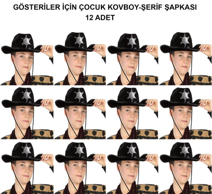 Kovboy Şerif Şapkası Siyah 12 Adet - Kostüm, Parti ve Gösteri Şapkası