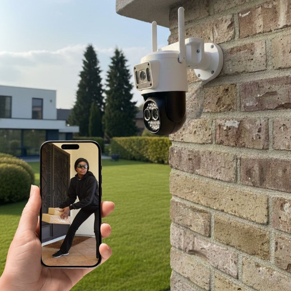 BUFFER® 3 Kameralı Kablolu Akıllı Güvenlik Kamerası – 360° PTZ Hareketli, Çift Antenli, WiFi IP, Gece Görüşlü Dış Mekan Kamera