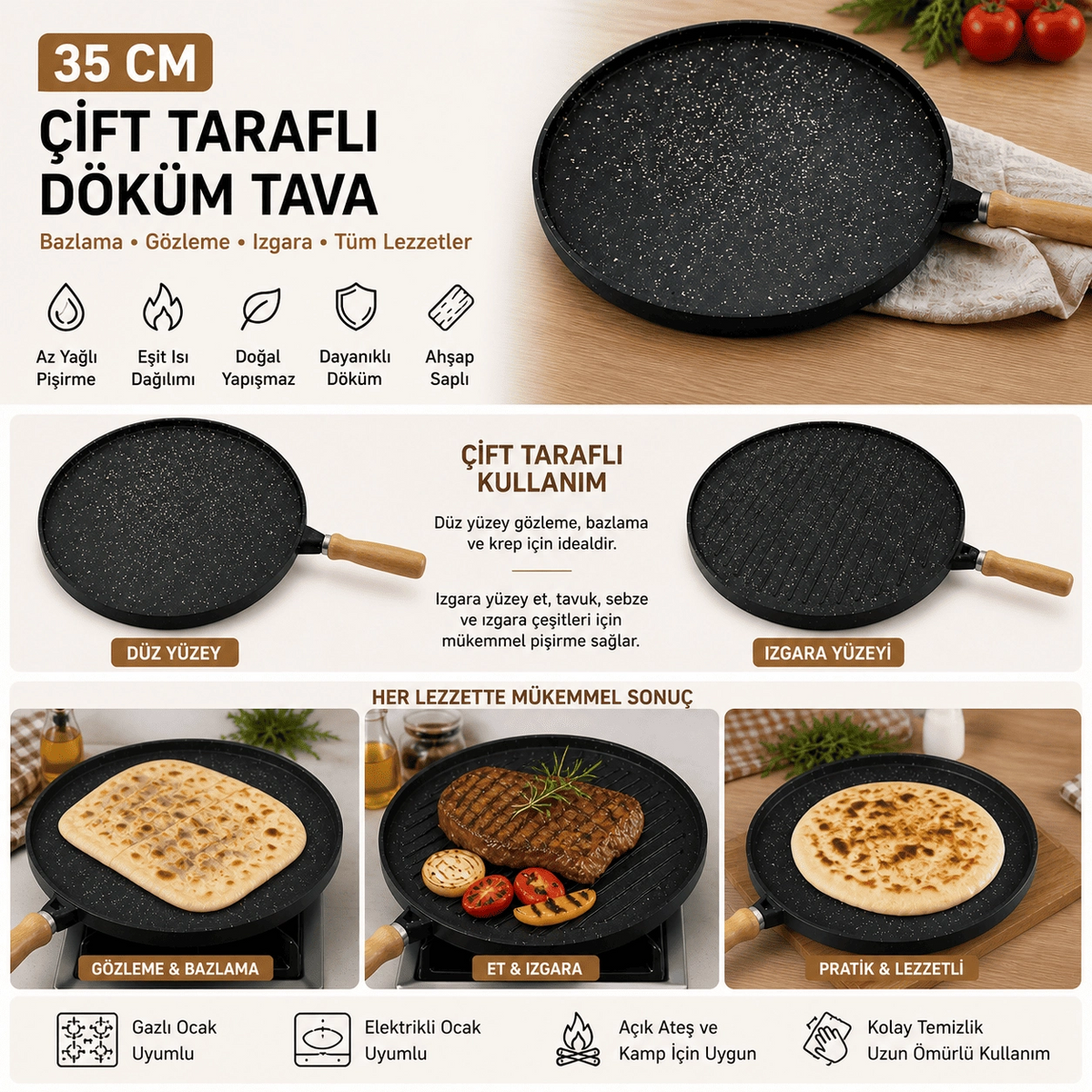 35 Cm Döküm Gözleme Tavası Çift Taraflı Bazlama Izgara Tavası Ahşap Saplı Yapışmaz