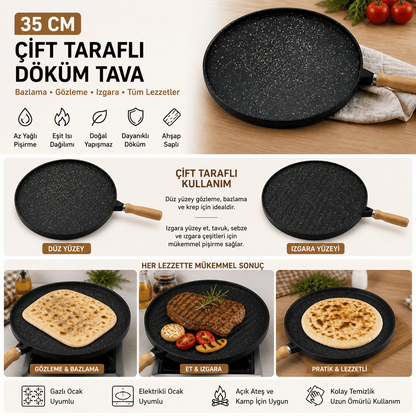 35 Cm Döküm Gözleme Tavası Çift Taraflı Bazlama Izgara Tavası Ahşap Saplı Yapışmaz