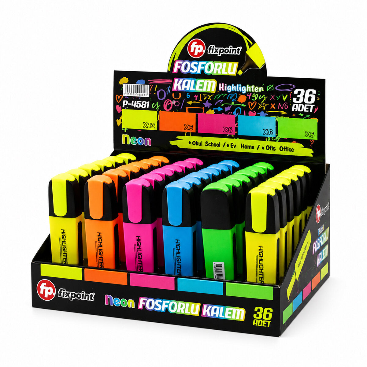 36 ADET NEON FOSFORLU KALEM - STANDLIDIR İÇİNDE 12 - SARI - 6 - TURUNCU - 6 - PEMBE - 6 - MAVİ - 6 - YEŞİL (5643)
