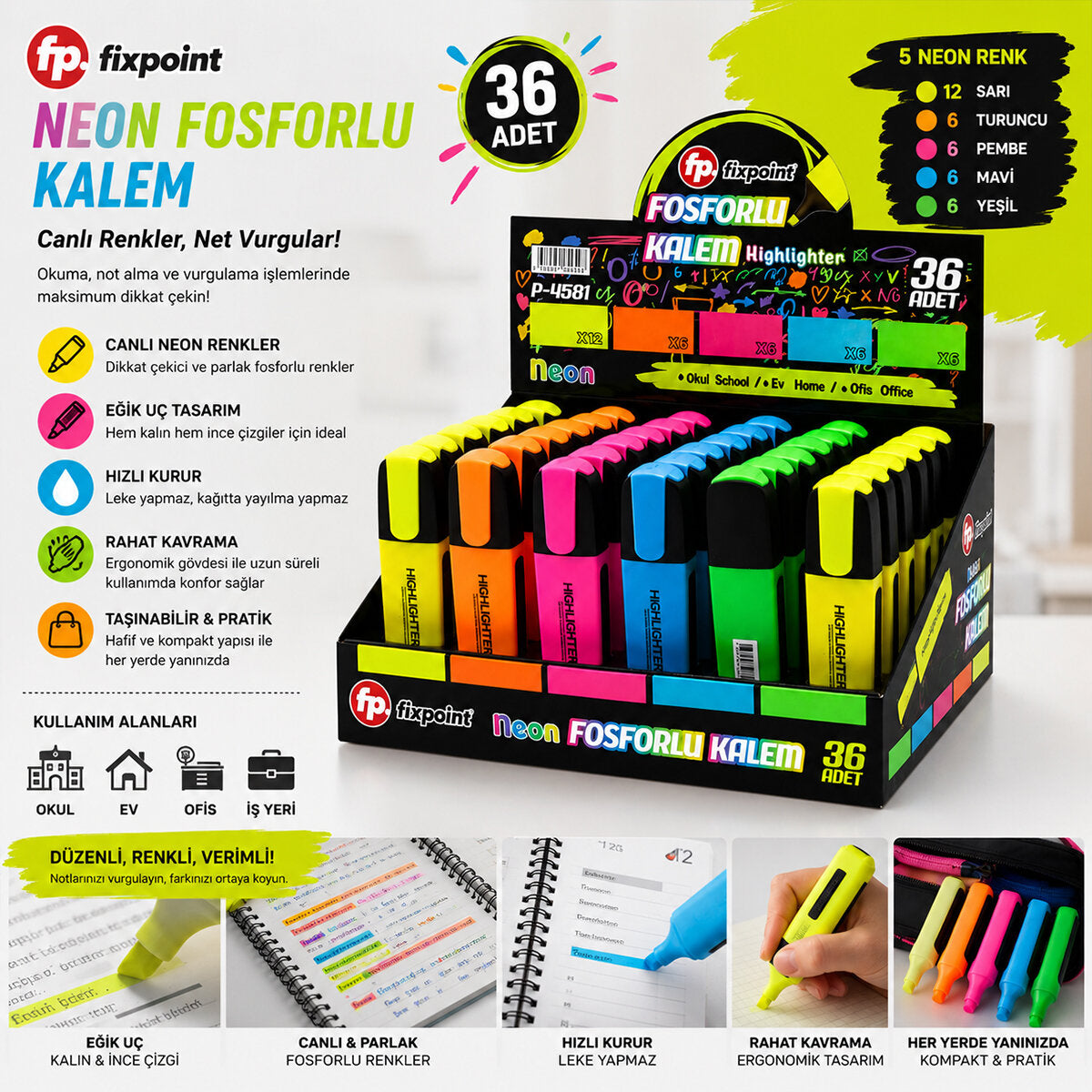 36 ADET NEON FOSFORLU KALEM - STANDLIDIR İÇİNDE 12 - SARI - 6 - TURUNCU - 6 - PEMBE - 6 - MAVİ - 6 - YEŞİL (5643)