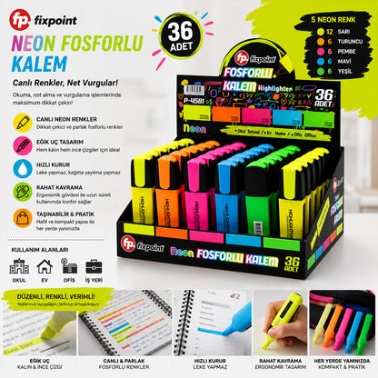 36 ADET NEON FOSFORLU KALEM - STANDLIDIR İÇİNDE 12 - SARI - 6 - TURUNCU - 6 - PEMBE - 6 - MAVİ - 6 - YEŞİL (5643)