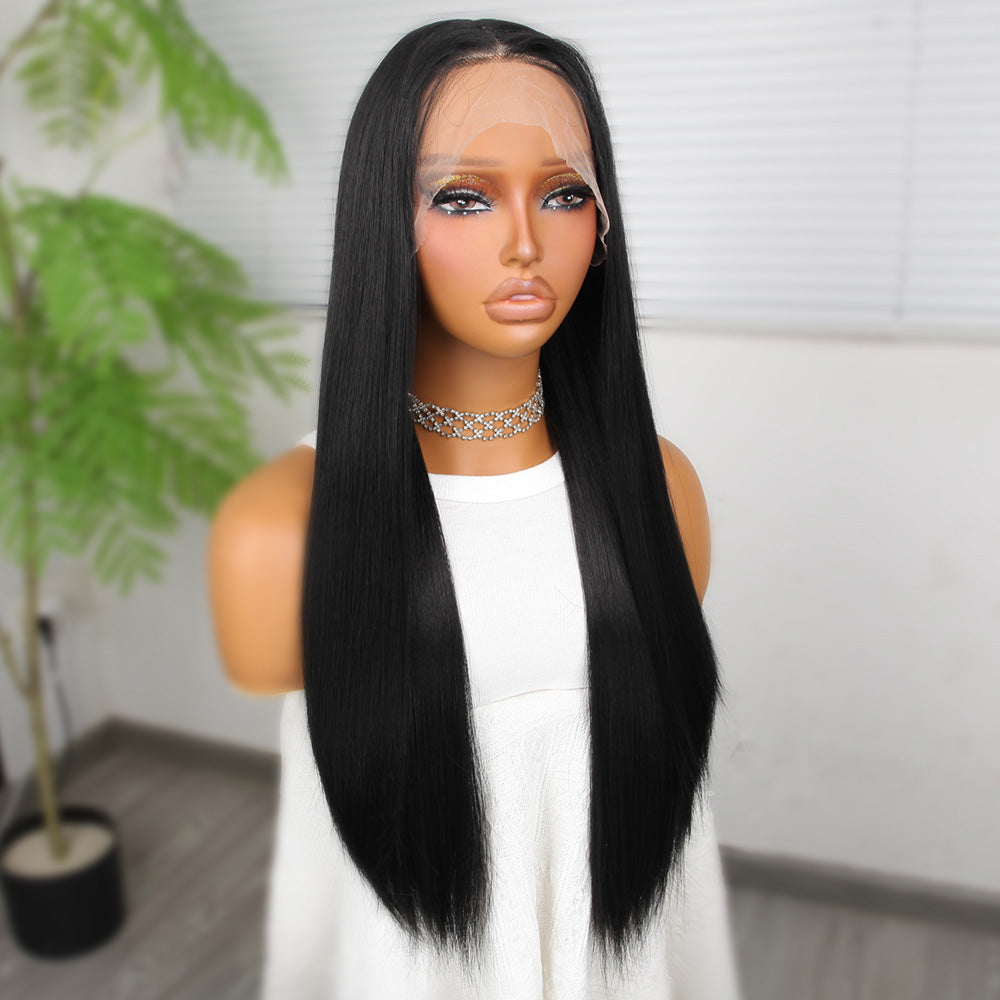 Siyah Fiber Sentetik Düz Tül Peruk