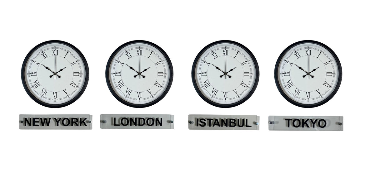 Siyah Klasik 36 Cm 4 lü Tabelalı Dünya Saatleri