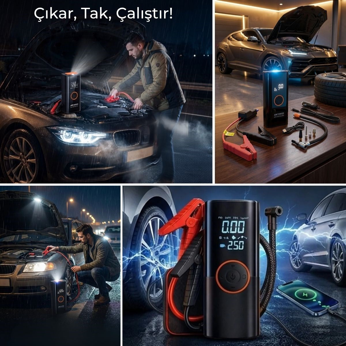 BUFFER® Akü Takviye Cihazı ve Lastik Şişirme Pompası 16000mAh – Powerbank Özellikli, Dijital Ekranlı SOS Fenerli Taşınabilir Kompresör