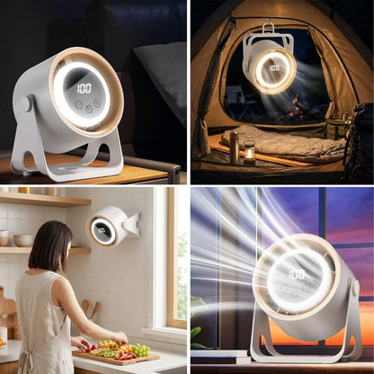 BUFFER® 6 Kademeli Şarjlı Masaüstü Fan – Dijital LED Ekranlı, Oynar Başlıklı, LED Işıklı, Askılı ve Duvara Monte Edilebilir Fan K6