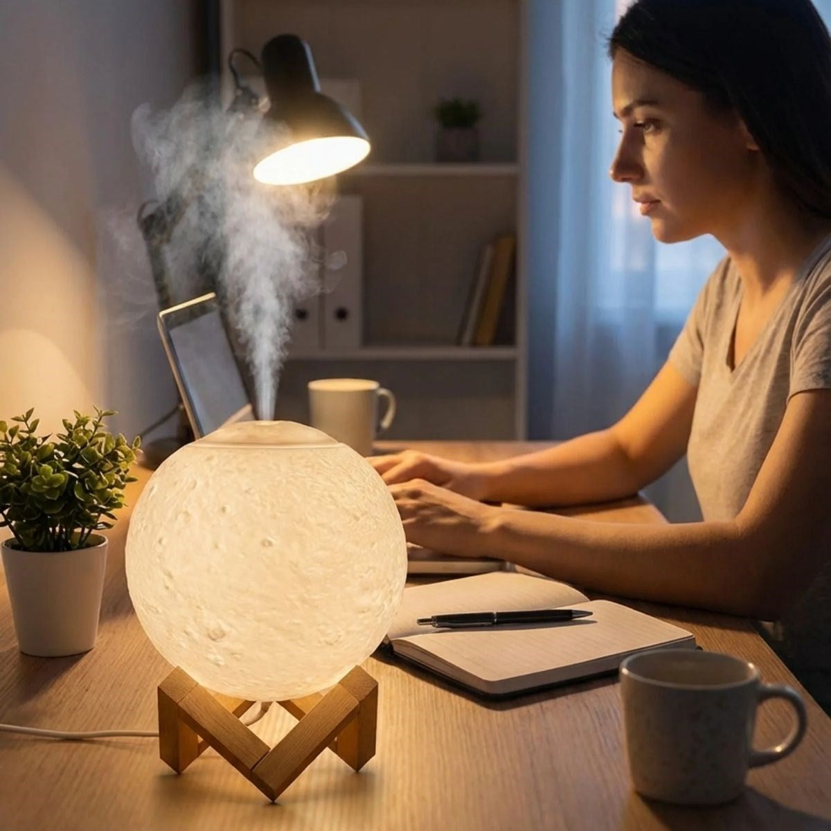 3D Ay Tasarımlı Su Yenilemeli USB Hava Nemlendiricisi – Dokunmatik, 3 Renk Işık Modlu (Gün Işığı / Beyaz / Sarı Işık) Gece Lambası (5643)
