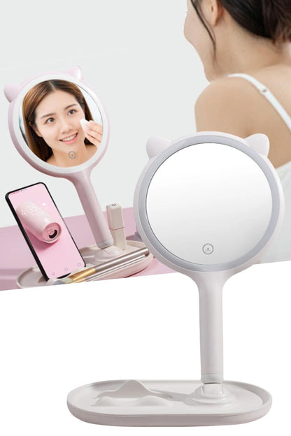 BUFFER® Kedi Kulaklı Telefon Standlı Yuvarlak Dokunmatik Led Ayarlı Masa Üstü Makyaj Aynası