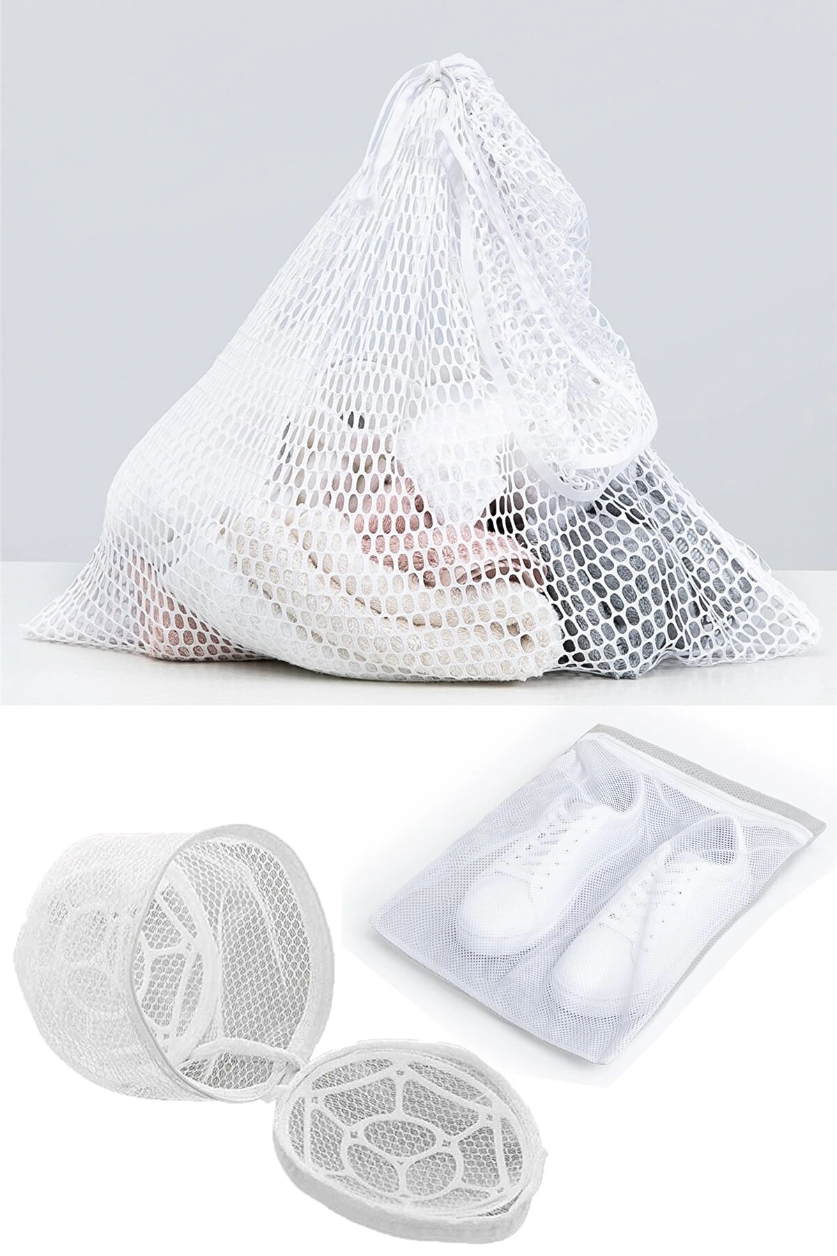3lü Yıkama File Seti - Ayakkabı Filesi-plastik Aparatlı Sütyen Yıkama- Çamaşır Yıkama Filesi