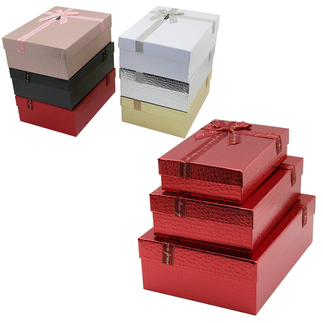 3PCS D.DÖRTGEN PARLAK MİX RENKLİ - KABARTMA DESEN KARTON HEDİYE KUTUSU KURDELALI 33X24.5-28.5X20.5-24X16.5CM (5643)