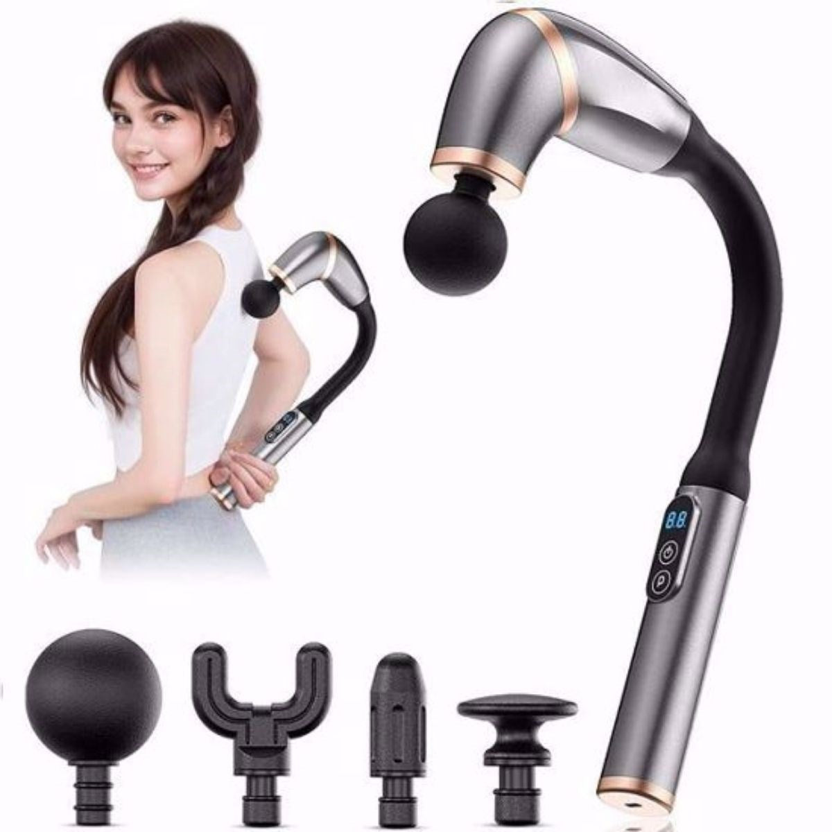 4 Farklı Başlıklı Uzun Saplı Derin Doku Masaj Tabancası, Boyun, Omuz ve Sırt için Ergonomik Saplı Çoklu Masaj Modlu Taşınabilir Masaj Aleti (5643)