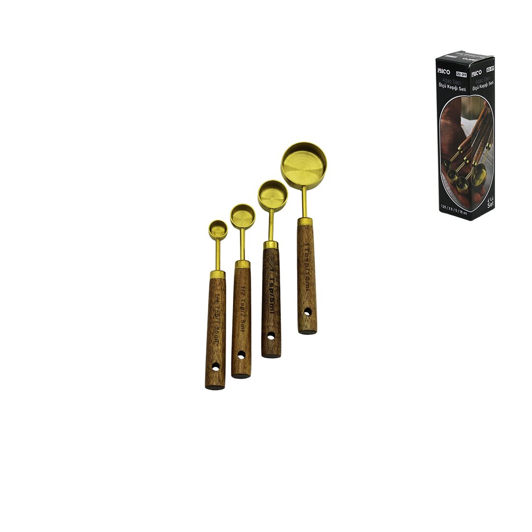4 PCS GOLD METAL ÖLÇÜ KAŞIK SETİ OTANTİK AĞAÇ KULP 15ML - 5ML - 2.5ML - 1.25ML (5643)
