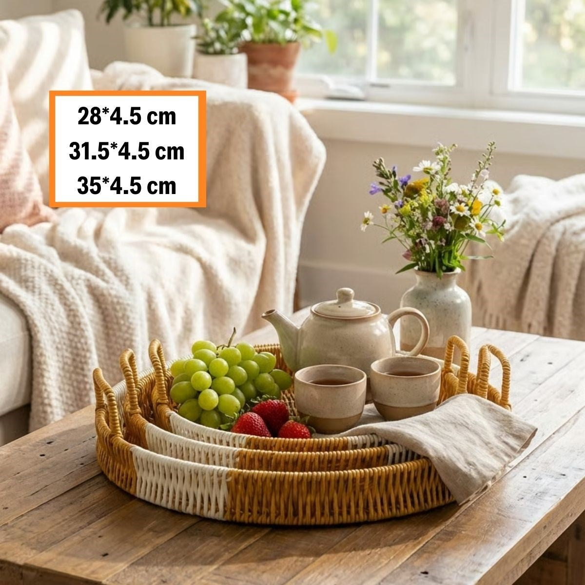 BUFFER® İç İçe Geçebilen 3’lü Yuvarlak Plastik Rattan Tepsi Seti–Çift Renkli Hasır Görünümlü Çok Amaçlı Servis ve Sunum Tepsileri