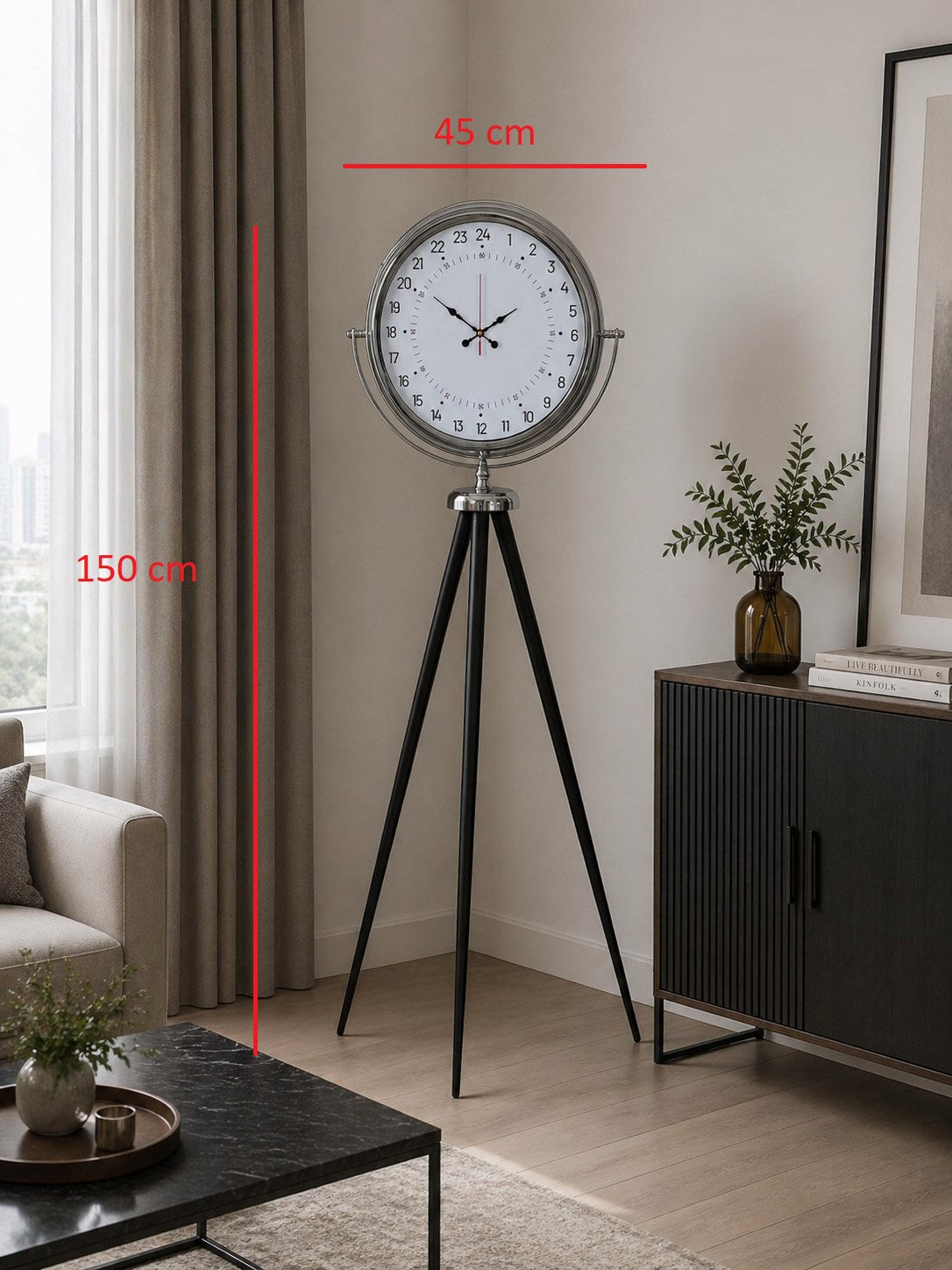 Krom 24 Saat Göstergeli Özel Tasarım Tripod Ayaklı Saat