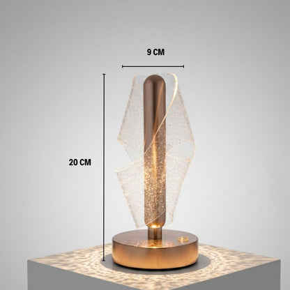 BUFFER® Çapraz Kavisli Ters Kristal Simli LED Masa Lambası – Gold Gövdeli, Dokunmatik, 3 Kademe Işık Ayarlı Şarjlı Dekoratif Lamba