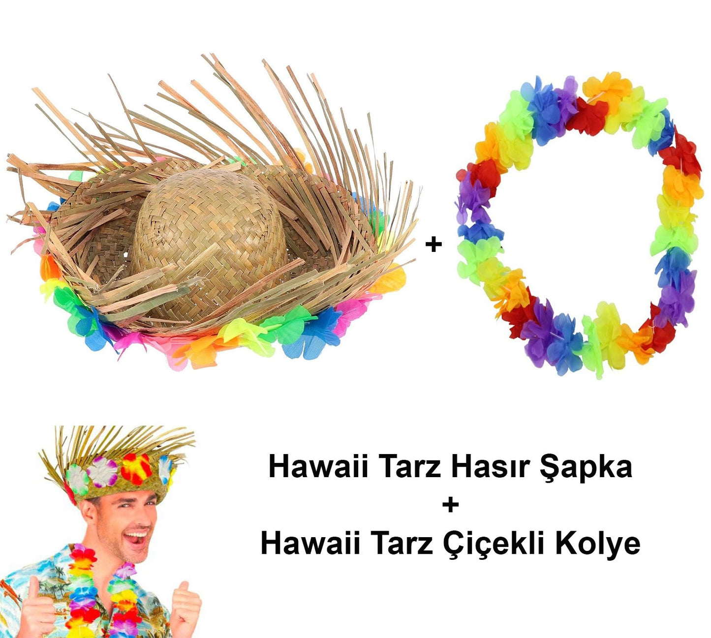 Hawaii Tarzı Tropikal Çiçekli Hasır Şapka ve Çiçekli Hawaii Kolye