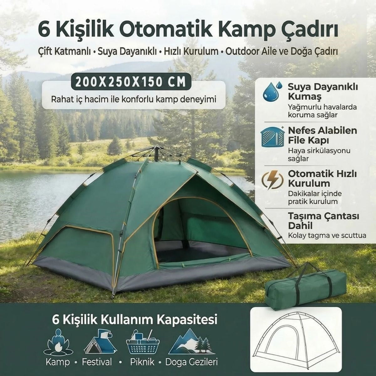 BUFFER® 6 Kişilik Otomatik Kamp Çadırı – Çift Katmanlı, Suya Dayanıklı, Hızlı Kurulum Outdoor Aile ve Doğa Çadırı 200x250x150 cm