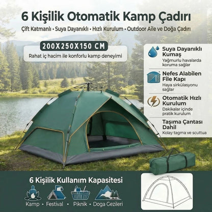 BUFFER® 6 Kişilik Otomatik Kamp Çadırı – Çift Katmanlı, Suya Dayanıklı, Hızlı Kurulum Outdoor Aile ve Doğa Çadırı 200x250x150 cm