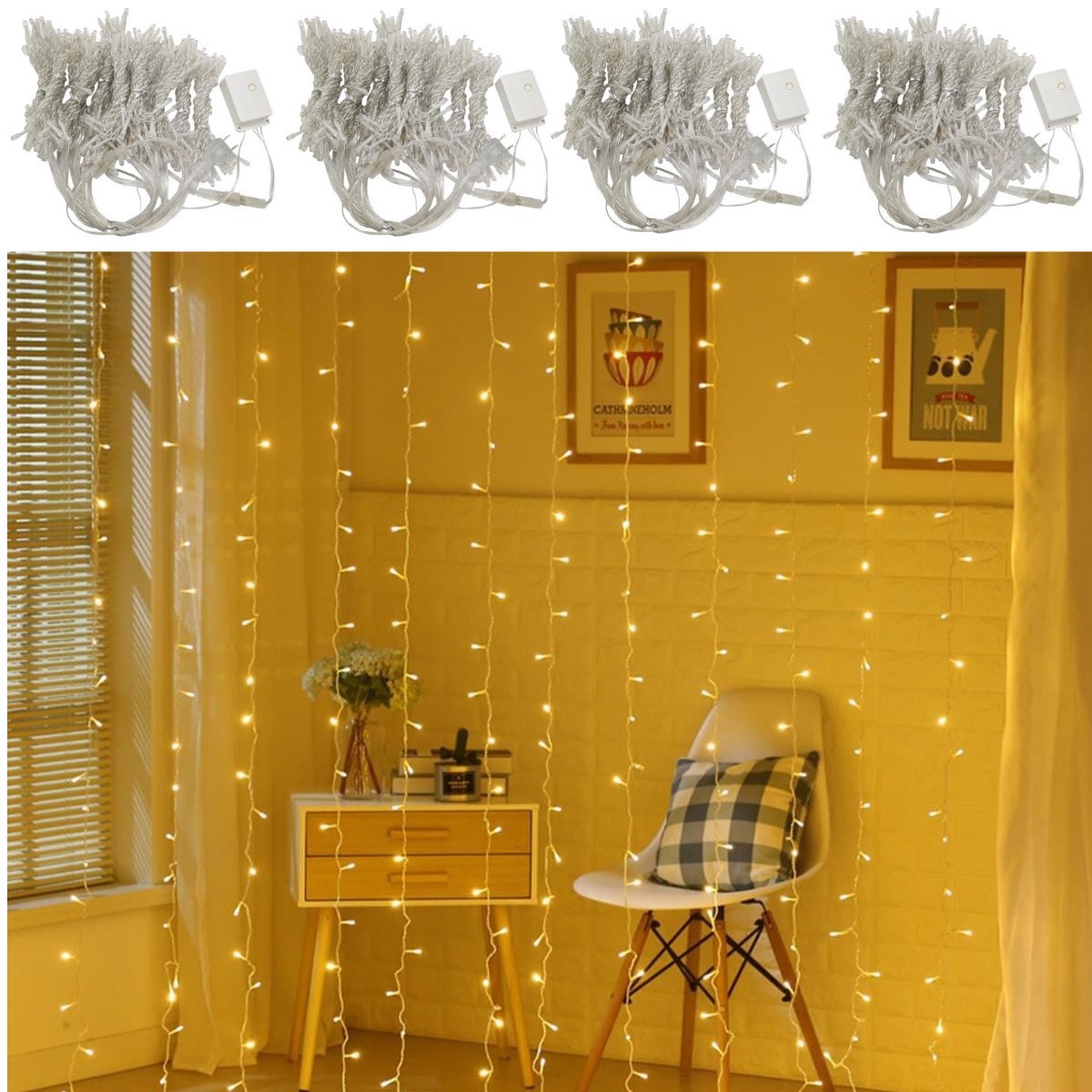 BUFFER® 8 Fonksiyonlu 200 Led 10 Saçak Şerit Led 2x2 Perde İp Led (Gün Işığı)