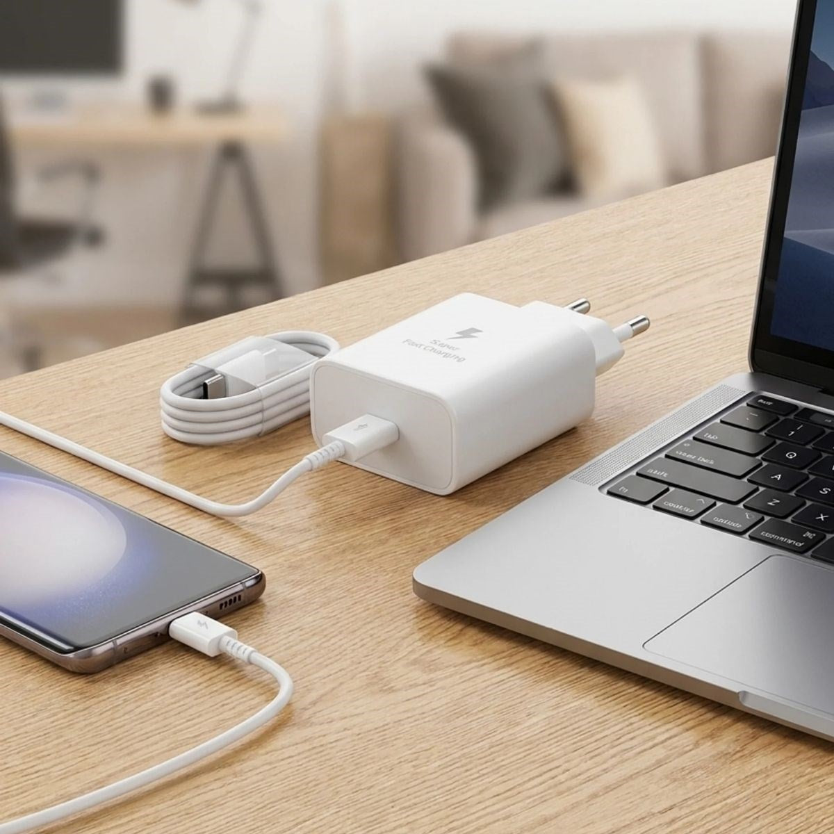 45W Süper Hızlı Şarj Adaptörü USB-C PD 3.0 PPS Fast Charger + 5A Type-C to Type-C Kablo (5643)