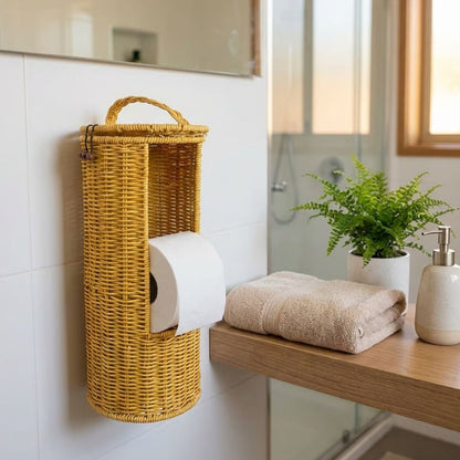 BUFFER® Askılı Plastik Rattan Tuvalet Kâğıdı Standı – Hasır Görünümlü, Kapaklı, Yedekli WC Kâğıtlık, Banyo ve Tuvalet İçin Dekoratif Organizer