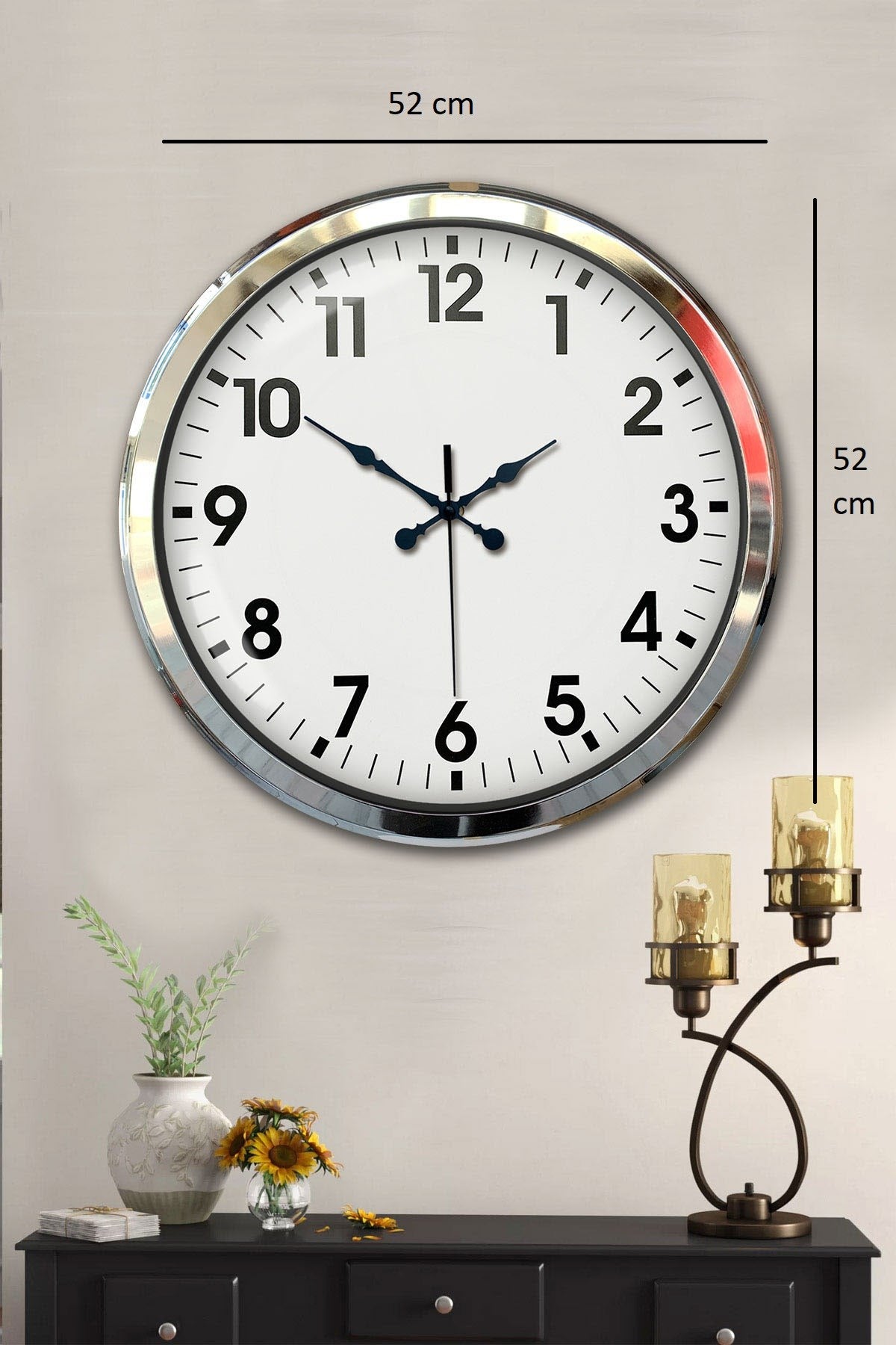 Krom Şıklık 52 Cm Metal Modern Duvar Saat