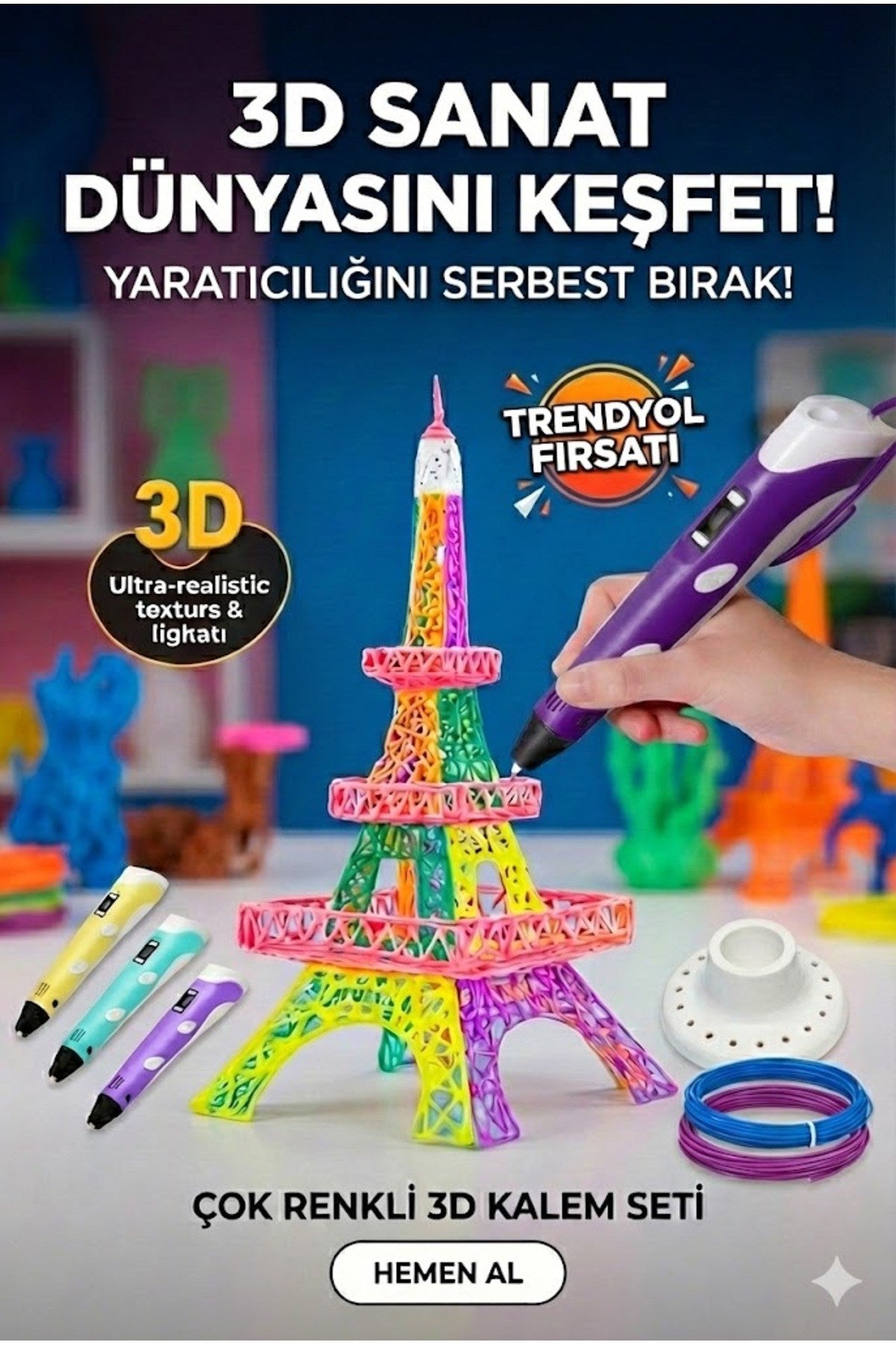 3D Kalem Seti (MOR) Dijital Göstergeli + 3 Renk Filament Hediyeli Eğitici Yazıcı ABS/PLA Uyumlu