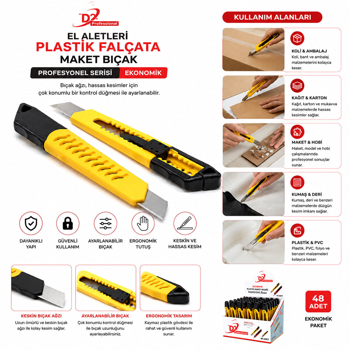 48 ADET EKO PLASTİK FALÇATA MAKET BIÇAK SARI (5643)