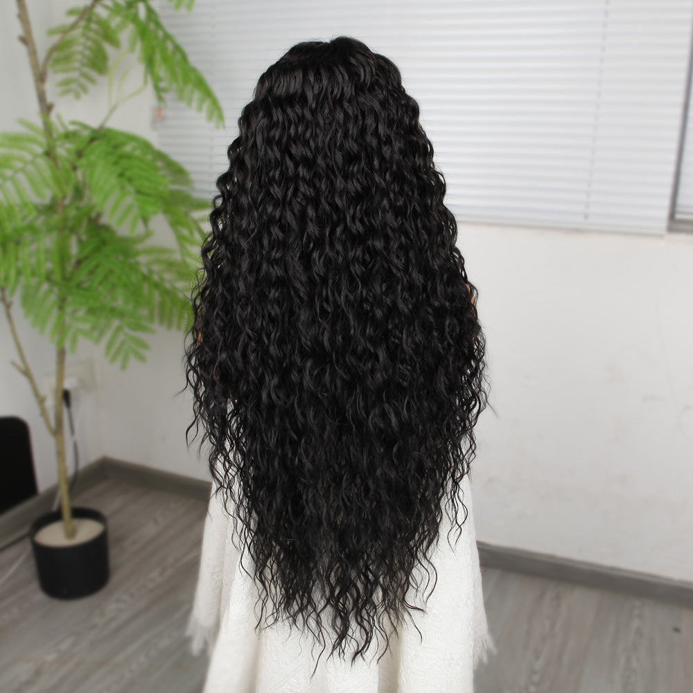Ekstra Uzun Yoğun Afro Dalga Siyah Fiber Sentetik Geniş T Tül Peruk