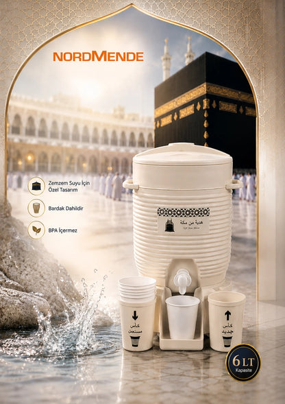 Nordmende Zemzem Su Sebili 6 LT | Kabe Temalı Zemzemlik | Bardaklıklı Hac Umre Hediyelik Sebil