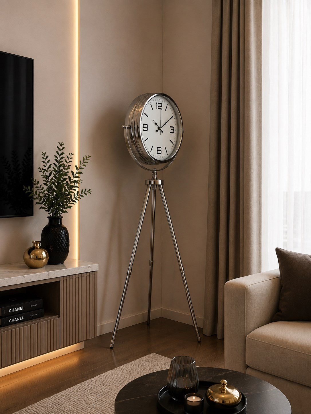 Krom Modern 150 x 45 Cm Metal Tripod Ayaklı Saat