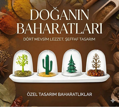 4 Mevsim Temalı Tasarım Baharatlık Seti - Dekoratif Ağaç ve Kaktüs Figürlü Standlı Tuzluk Biberlik