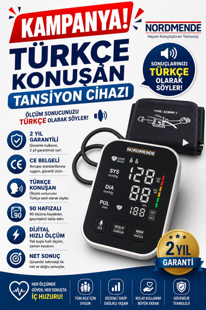 Türkçe Konuşan Şarjlı Dijital Tansiyon Aleti | Büyük LCD Ekran, Otomatik Kol Tipi, Hafızalı