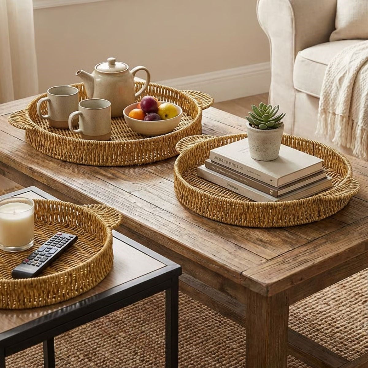 BUFFER® İç İçe Geçebilen 3’lü Yuvarlak Plastik Rattan Tepsi Seti–Hasır Görünümlü Çok Amaçlı Servis ve Sunum Tepsileri