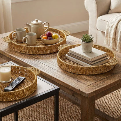 BUFFER® İç İçe Geçebilen 3’lü Yuvarlak Plastik Rattan Tepsi Seti–Hasır Görünümlü Çok Amaçlı Servis ve Sunum Tepsileri