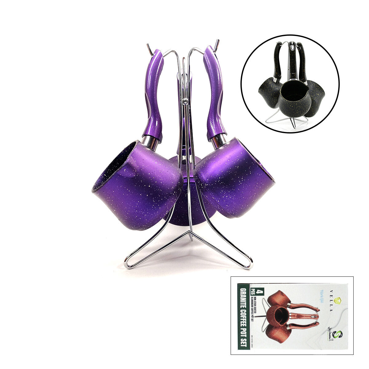 4PCS 230-280-380ML GRANİT - ÇELİK CEZVE RENKLİ METAL STANDLI (5643)