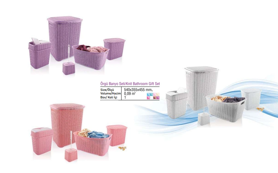 5 Parça Örgü Desenli Plastik Banyo Seti Çamaşır Sepeti Deterjanlık Çöp Kovası Klozet Fırçası - Mavi