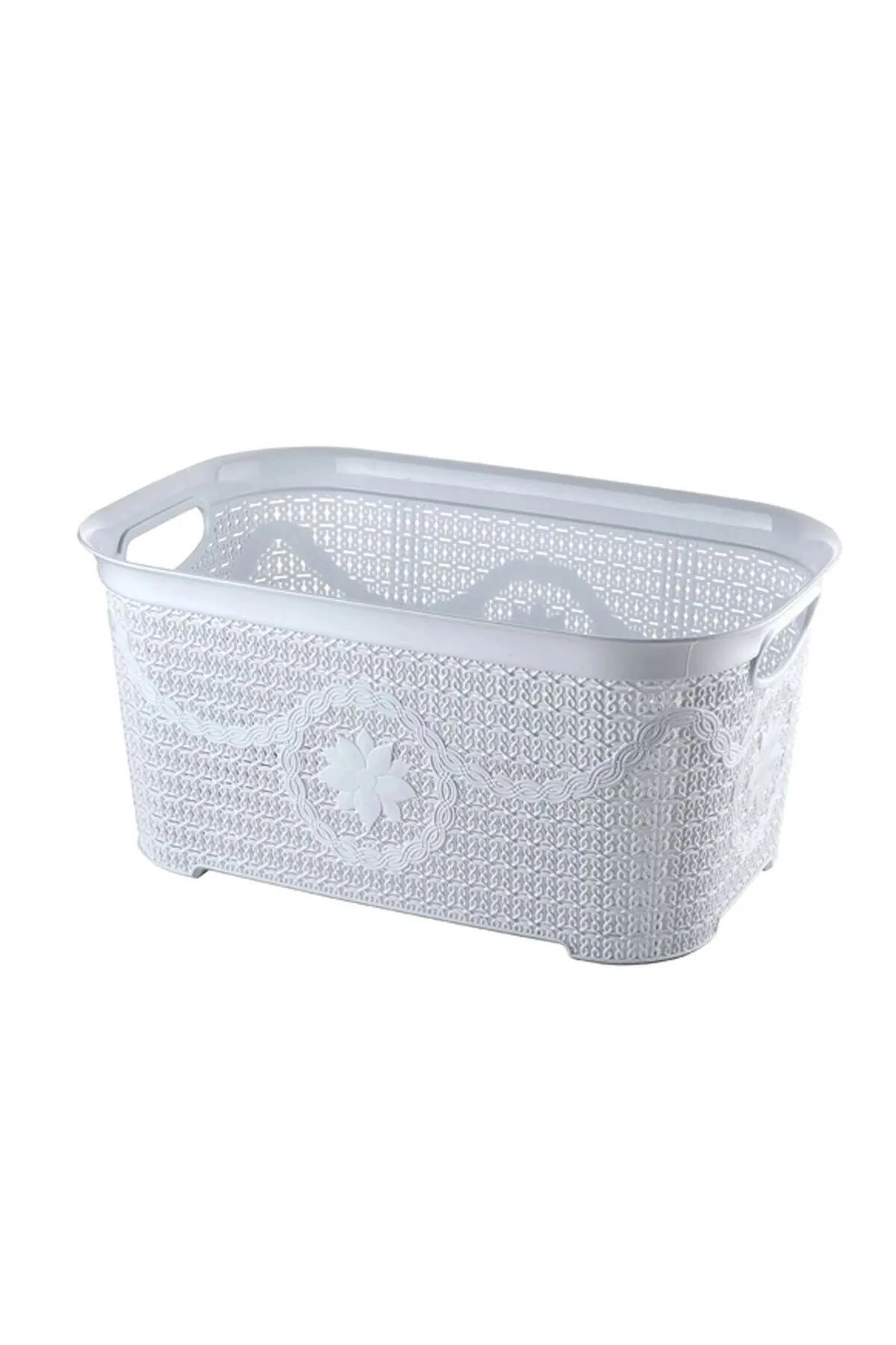 5 Parça Örgü Desenli Plastik Banyo Seti Çamaşır Sepeti Deterjanlık Çöp Kovası Klozet Fırçası - Mavi