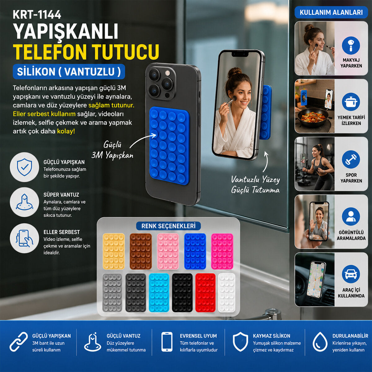 50 ADET YAPIŞKANLI TELEFON TUTUCU RENKLİ SİLİKON VANTUZLU (5643)