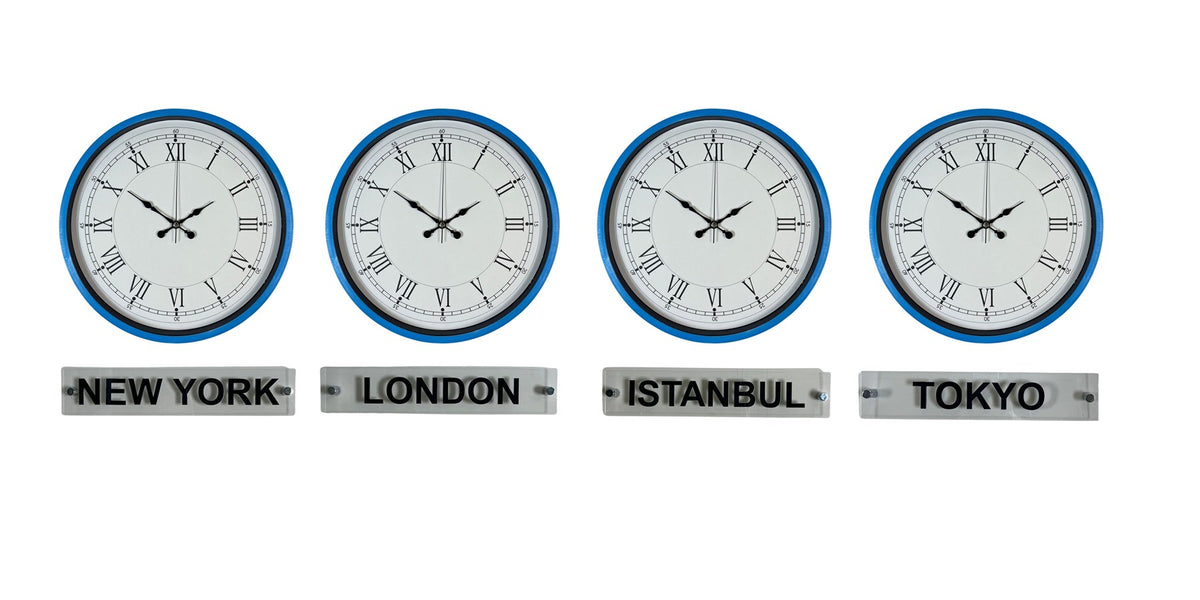 Blue Classic 36 Cm 4 lü Tabelalı Dünya Saatleri