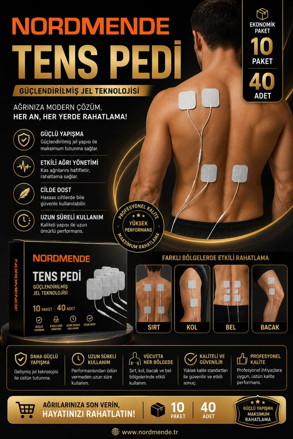 10 Paket 40 Adet Nordmende TENS Pedi 5×5 cm Kablolu Elektrot Ped – Yumuşak ve Esnek Medikal Ped