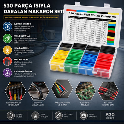 530PCS MAKARON KABLO TAMİR SETİ ISIYLA BÜZÜŞMELİ DARALAN HORTUM (5643)