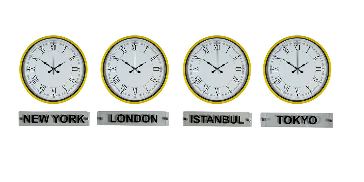 Sarı 36 Cm 4 lü Tabelalı Dünya Saatleri Seti