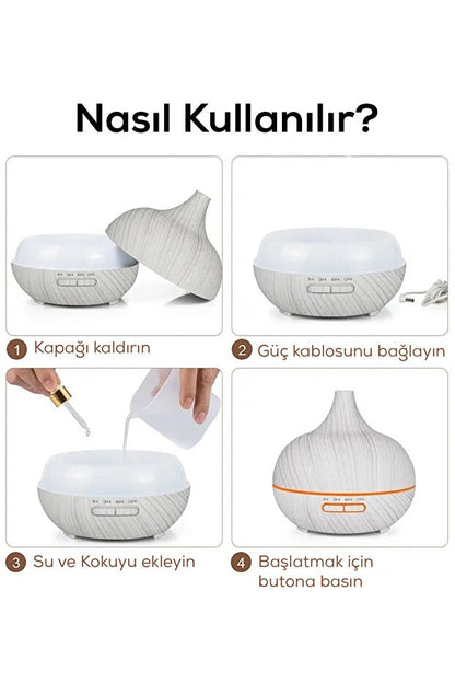 Aroma Difüzör Gece Işığı 7 Led Nemlendirici Kumandalı 550 ml Buhar Makinesi