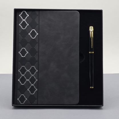 Desenli Siyah Deri Defter Kalem Set