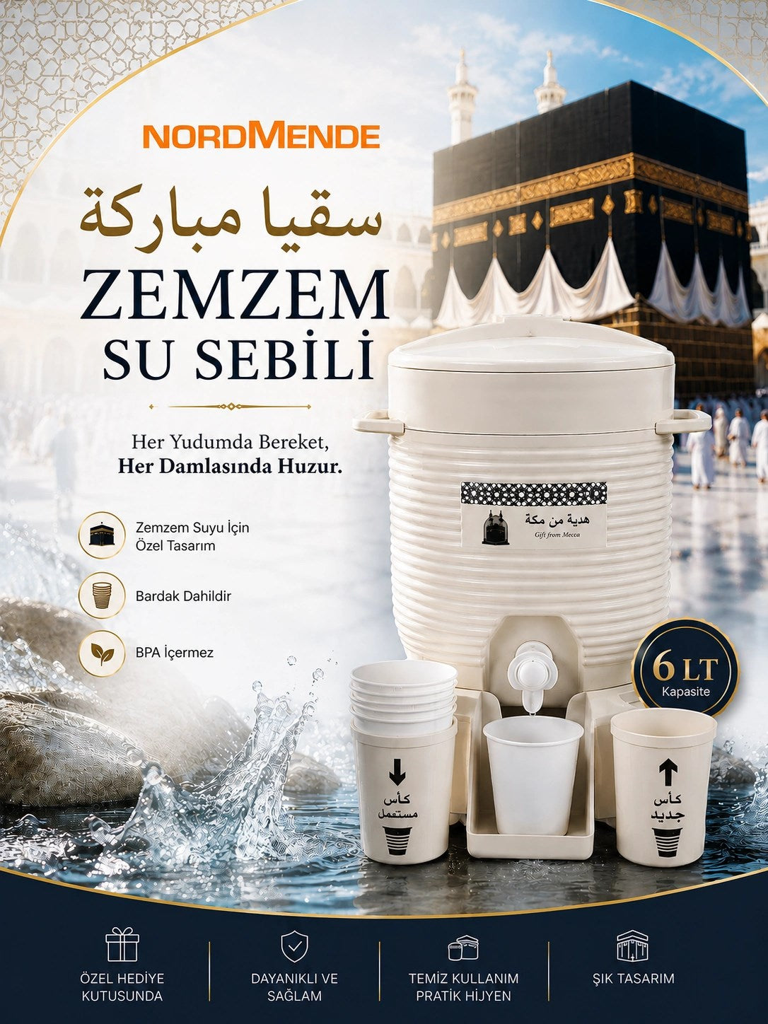 Nordmende Zemzem Su Sebili 6 LT | Kabe Temalı Zemzemlik | Bardaklıklı Hac Umre Hediyelik Sebil