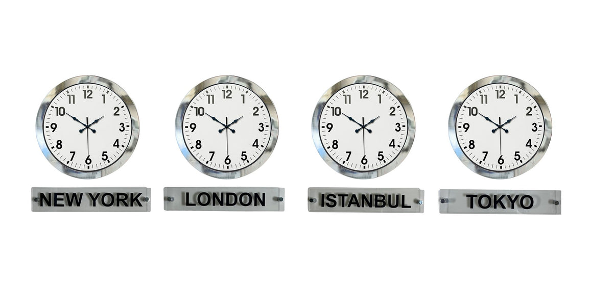 SilverLine 4’lü 36 Cm Krom Metal Tabelalı Dünya Saat Seti
