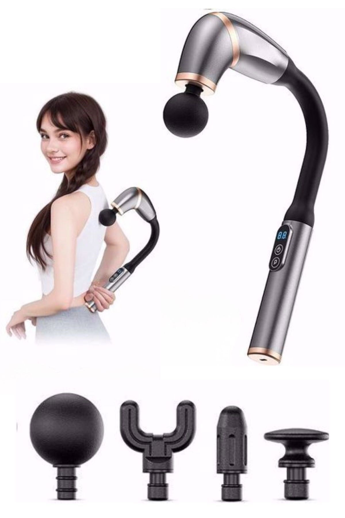 BUFFER® 4 Farklı Başlıklı Uzun Saplı Derin Doku Masaj Tabancası, Boyun, Omuz ve Sırt için Ergonomik Saplı Çoklu Masaj Modlu Taşınabilir Masaj Aleti